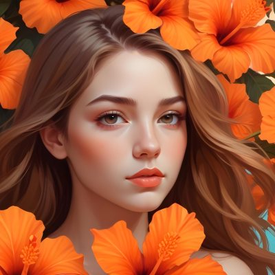 Digital Painting A Young Woman With Fair Skin And Long Light Brown Hair Partially Obscured By Vibrant Orange Hibiscus Flowers She Has Striking Brown Eyes And A Soft Expression With Her Lips Slightly Parted The Backg 45 D0c9