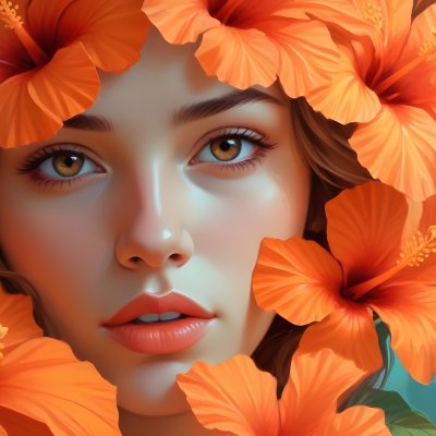 Digital Painting A Young Woman With Fair Skin And Long Light Brown Hair Partially Obscured By Vibrant Orange Hibiscus Flowers She Has Striking Brown Eyes And A Soft Expression With Her Lips Slightly Parted The Backg 46 6ad7