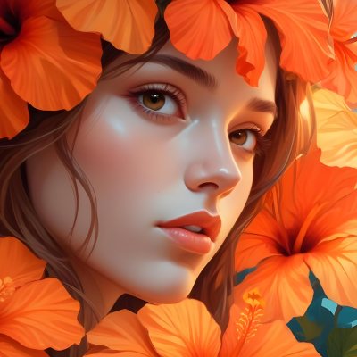 Digital Painting A Young Woman With Fair Skin And Long Light Brown Hair Partially Obscured By Vibrant Orange Hibiscus Flowers She Has Striking Brown Eyes And A Soft Expression With Her Lips Slightly Parted The Backg 47 4f41