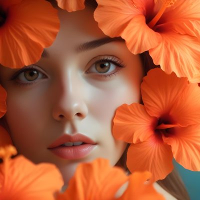 Digital Painting A Young Woman With Fair Skin And Long Light Brown Hair Partially Obscured By Vibrant Orange Hibiscus Flowers She Has Striking Brown Eyes And A Soft Expression With Her Lips Slightly Parted The Backg 5 4c1f