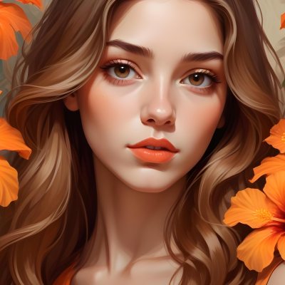 Digital Painting A Young Woman With Fair Skin And Long Light Brown Hair Partially Obscured By Vibrant Orange Hibiscus Flowers She Has Striking Brown Eyes And A Soft Expression With Her Lips Slightly Parted The Backg 53 8386