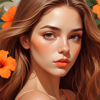 Digital Painting A Young Woman With Fair Skin And Long Light Brown Hair Partially Obscured By Vibrant Orange Hibiscus Flowers She Has Striking Brown Eyes And A Soft Expression With Her Lips Slightly Parted The Backg 56 7c59