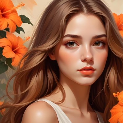 Digital Painting A Young Woman With Fair Skin And Long Light Brown Hair Partially Obscured By Vibrant Orange Hibiscus Flowers She Has Striking Brown Eyes And A Soft Expression With Her Lips Slightly Parted The Backg 72 1b82