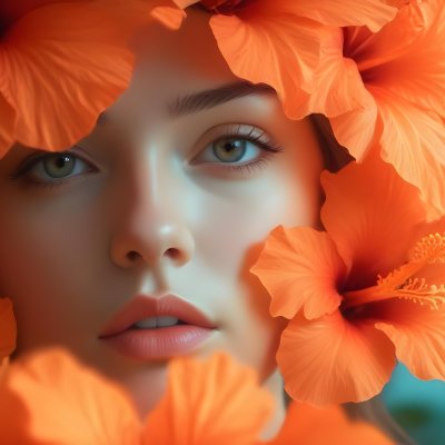 Digital Painting A Young Woman With Fair Skin And Long Light Brown Hair Partially Obscured By Vibrant Orange Hibiscus Flowers She Has Striking Brown Eyes And A Soft Expression With Her Lips Slightly Parted The Backg 8 Aee2