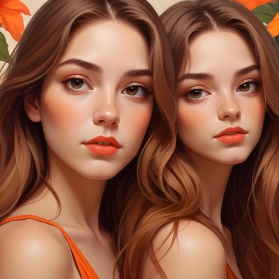 Digital Painting A Young Woman With Fair Skin And Long Light Brown Hair Partially Obscured By Vibrant Orange Hibiscus Flowers She Has Striking Brown Eyes And A Soft Expression With Her Lips Slightly Parted The Backg 83 33be