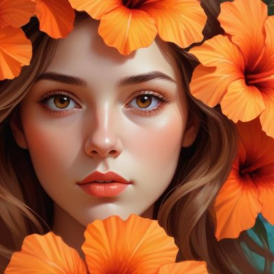 Digital Painting A Young Woman With Fair Skin And Long Light Brown Hair Partially Obscured By Vibrant Orange Hibiscus Flowers She Has Striking Brown Eyes And A Soft Expression With Her Lips Slightly Parted The Backg 87 9fb8