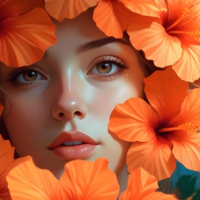 Digital Painting A Young Woman With Fair Skin And Long Light Brown Hair Partially Obscured By Vibrant Orange Hibiscus Flowers She Has Striking Brown Eyes And A Soft Expression With Her Lips Slightly Parted The Backg 92 Aaf5