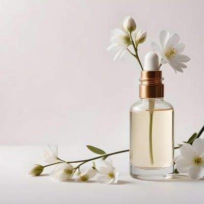 Glass Bottle With Dropper And White Flowers On A White Background Showcasing Beauty Product Minimalist Composition Soft Lighting Clean Aesthetic Cosmetic Presentation Elegant Design 1 5c17