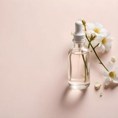 Glass Bottle With Dropper And White Flowers On A White Background Showcasing Beauty Product Minimalist Composition Soft Lighting Clean Aesthetic Cosmetic Presentation Elegant Design 15 7c1a