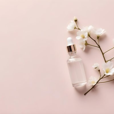 Glass Bottle With Dropper And White Flowers On A White Background Showcasing Beauty Product Minimalist Composition Soft Lighting Clean Aesthetic Cosmetic Presentation Elegant Design 18 5793