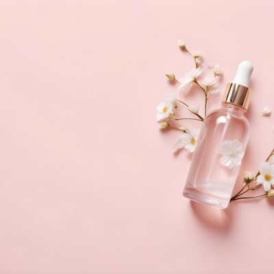 Glass Bottle With Dropper And White Flowers On A White Background Showcasing Beauty Product Minimalist Composition Soft Lighting Clean Aesthetic Cosmetic Presentation Elegant Design 28 673f