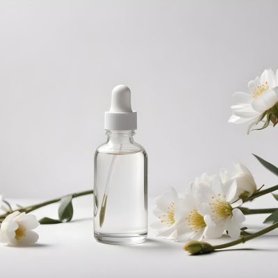 Glass Bottle With Dropper And White Flowers On A White Background Showcasing Beauty Product Minimalist Composition Soft Lighting Clean Aesthetic Cosmetic Presentation Elegant Design 36 Ddda
