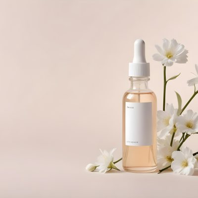 Glass Bottle With Dropper And White Flowers On A White Background Showcasing Beauty Product Minimalist Composition Soft Lighting Clean Aesthetic Cosmetic Presentation Elegant Design 44 Dfeb