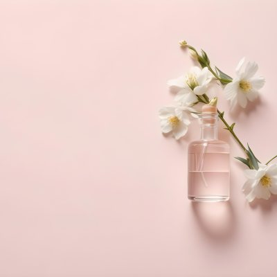 Glass Bottle With Dropper And White Flowers On A White Background Showcasing Beauty Product Minimalist Composition Soft Lighting Clean Aesthetic Cosmetic Presentation Elegant Design 46 Ea18