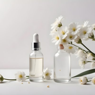 Glass Bottle With Dropper And White Flowers On A White Background Showcasing Beauty Product Minimalist Composition Soft Lighting Clean Aesthetic Cosmetic Presentation Elegant Design 5 2ce8