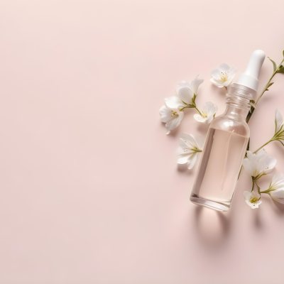 Glass Bottle With Dropper And White Flowers On A White Background Showcasing Beauty Product Minimalist Composition Soft Lighting Clean Aesthetic Cosmetic Presentation Elegant Design 52 Fb55