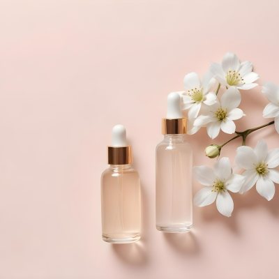 Glass Bottle With Dropper And White Flowers On A White Background Showcasing Beauty Product Minimalist Composition Soft Lighting Clean Aesthetic Cosmetic Presentation Elegant Design 53 1834