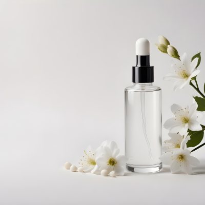 Glass Bottle With Dropper And White Flowers On A White Background Showcasing Beauty Product Minimalist Composition Soft Lighting Clean Aesthetic Cosmetic Presentation Elegant Design 9 B778