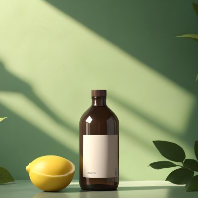 Minimal Soft Studio Light Photography A Brown Glass Pump Bottle With A Blank Label Placed On A Surface Next To A Halved Lemon And Some Green Foliage The Background Features A Textured Green Wall With Soft Shadows And 10 Ab01