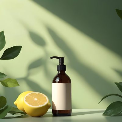 Minimal Soft Studio Light Photography A Brown Glass Pump Bottle With A Blank Label Placed On A Surface Next To A Halved Lemon And Some Green Foliage The Background Features A Textured Green Wall With Soft Shadows And 11 Da5b