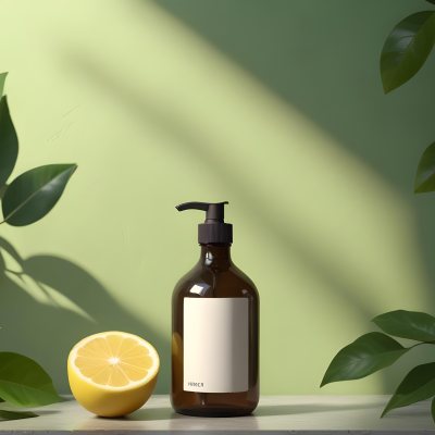 Minimal Soft Studio Light Photography A Brown Glass Pump Bottle With A Blank Label Placed On A Surface Next To A Halved Lemon And Some Green Foliage The Background Features A Textured Green Wall With Soft Shadows And 12 C3e4