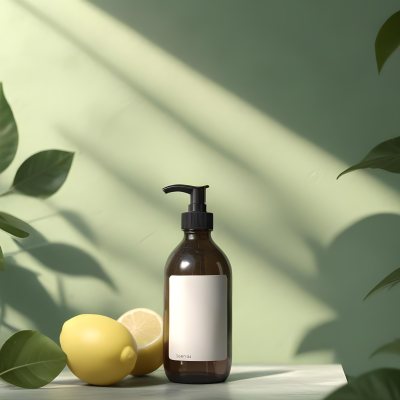 Minimal Soft Studio Light Photography A Brown Glass Pump Bottle With A Blank Label Placed On A Surface Next To A Halved Lemon And Some Green Foliage The Background Features A Textured Green Wall With Soft Shadows And 15 D183