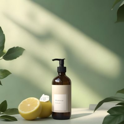 Minimal Soft Studio Light Photography A Brown Glass Pump Bottle With A Blank Label Placed On A Surface Next To A Halved Lemon And Some Green Foliage The Background Features A Textured Green Wall With Soft Shadows And 16 572b