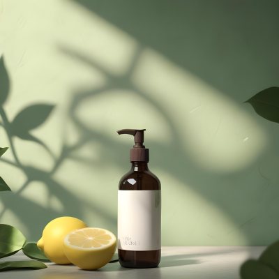Minimal Soft Studio Light Photography A Brown Glass Pump Bottle With A Blank Label Placed On A Surface Next To A Halved Lemon And Some Green Foliage The Background Features A Textured Green Wall With Soft Shadows And 17 C9cf
