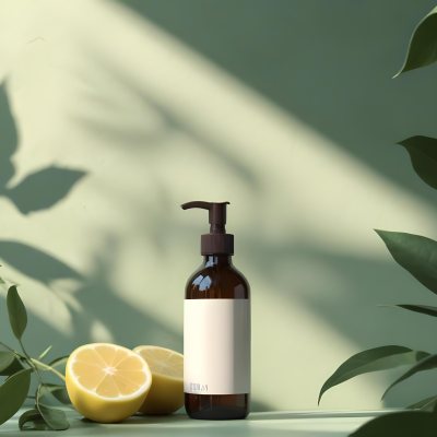 Minimal Soft Studio Light Photography A Brown Glass Pump Bottle With A Blank Label Placed On A Surface Next To A Halved Lemon And Some Green Foliage The Background Features A Textured Green Wall With Soft Shadows And 18 2981