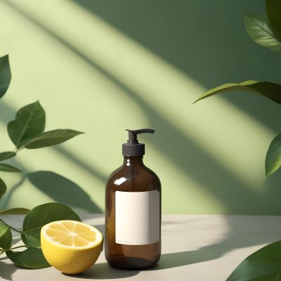 Minimal Soft Studio Light Photography A Brown Glass Pump Bottle With A Blank Label Placed On A Surface Next To A Halved Lemon And Some Green Foliage The Background Features A Textured Green Wall With Soft Shadows And 22 3f9e