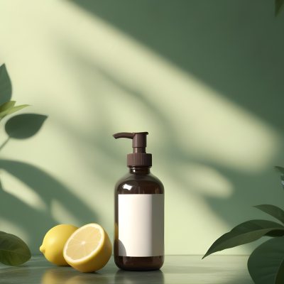Minimal Soft Studio Light Photography A Brown Glass Pump Bottle With A Blank Label Placed On A Surface Next To A Halved Lemon And Some Green Foliage The Background Features A Textured Green Wall With Soft Shadows And 23 4295