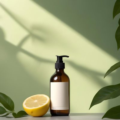 Minimal Soft Studio Light Photography A Brown Glass Pump Bottle With A Blank Label Placed On A Surface Next To A Halved Lemon And Some Green Foliage The Background Features A Textured Green Wall With Soft Shadows And 5 96e1