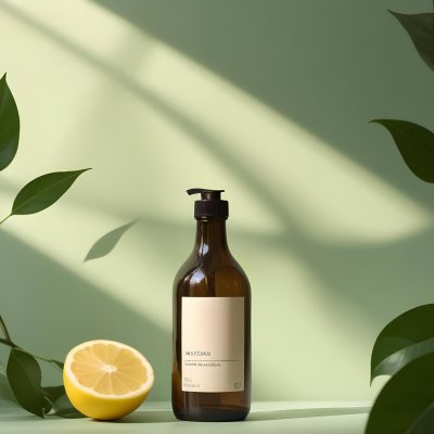 Minimal Soft Studio Light Photography A Brown Glass Pump Bottle With A Blank Label Placed On A Surface Next To A Halved Lemon And Some Green Foliage The Background Features A Textured Green Wall With Soft Shadows And 6 3c8e