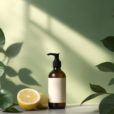Minimal Soft Studio Light Photography A Brown Glass Pump Bottle With A Blank Label Placed On A Surface Next To A Halved Lemon And Some Green Foliage The Background Features A Textured Green Wall With Soft Shadows And 8 B1de