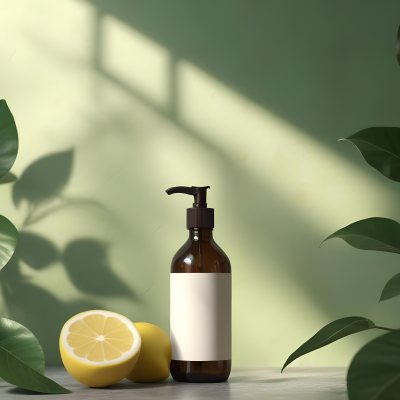 Minimal Soft Studio Light Photography A Brown Glass Pump Bottle With A Blank Label Placed On A Surface Next To A Halved Lemon And Some Green Foliage The Background Features A Textured Green Wall With Soft Shadows And 9 D6f4