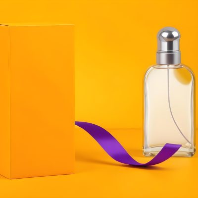 Minimal Soft Studio Light Photography A Perfume Bottle With A Silver Cap And A Yellow Box With A Purple Ribbon On A Yellow Table High Detail Solid Bold Color Background 1 54f3