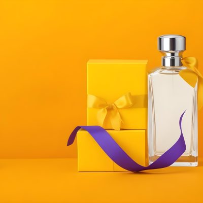Minimal Soft Studio Light Photography A Perfume Bottle With A Silver Cap And A Yellow Box With A Purple Ribbon On A Yellow Table High Detail Solid Bold Color Background 11 9656