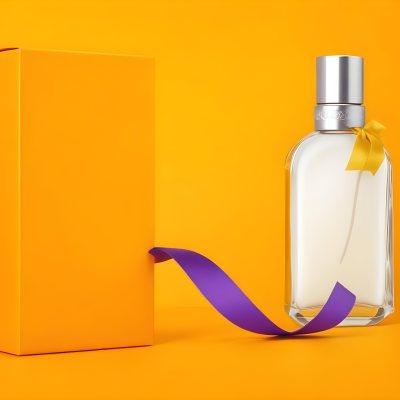 Minimal Soft Studio Light Photography A Perfume Bottle With A Silver Cap And A Yellow Box With A Purple Ribbon On A Yellow Table High Detail Solid Bold Color Background 12 8eed