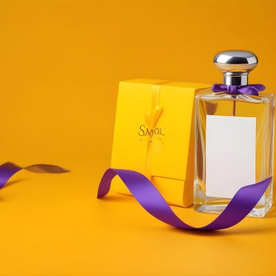 Minimal Soft Studio Light Photography A Perfume Bottle With A Silver Cap And A Yellow Box With A Purple Ribbon On A Yellow Table High Detail Solid Bold Color Background 13 Dba7