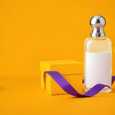 Minimal Soft Studio Light Photography A Perfume Bottle With A Silver Cap And A Yellow Box With A Purple Ribbon On A Yellow Table High Detail Solid Bold Color Background 17 1a94