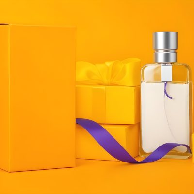 Minimal Soft Studio Light Photography A Perfume Bottle With A Silver Cap And A Yellow Box With A Purple Ribbon On A Yellow Table High Detail Solid Bold Color Background 2 1860