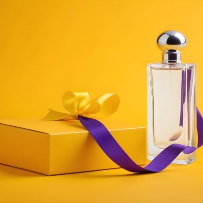 Minimal Soft Studio Light Photography A Perfume Bottle With A Silver Cap And A Yellow Box With A Purple Ribbon On A Yellow Table High Detail Solid Bold Color Background 26 B94f