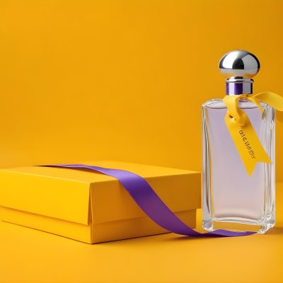 Minimal Soft Studio Light Photography A Perfume Bottle With A Silver Cap And A Yellow Box With A Purple Ribbon On A Yellow Table High Detail Solid Bold Color Background 30 7ef3
