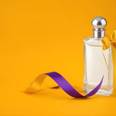 Minimal Soft Studio Light Photography A Perfume Bottle With A Silver Cap And A Yellow Box With A Purple Ribbon On A Yellow Table High Detail Solid Bold Color Background 31 4429