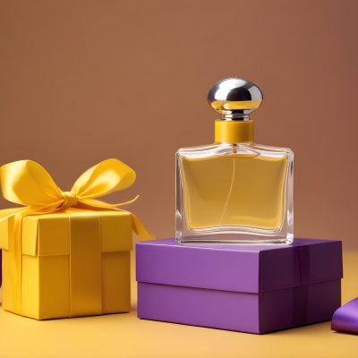 Minimal Soft Studio Light Photography A Perfume Bottle With A Silver Cap And A Yellow Box With A Purple Ribbon On A Yellow Table High Detail Solid Bold Color Background 36 B687