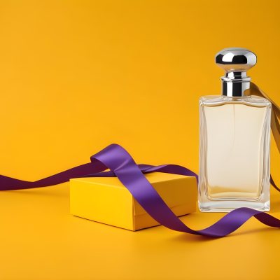 Minimal Soft Studio Light Photography A Perfume Bottle With A Silver Cap And A Yellow Box With A Purple Ribbon On A Yellow Table High Detail Solid Bold Color Background 40 74ee