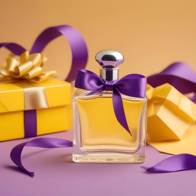 Minimal Soft Studio Light Photography A Perfume Bottle With A Silver Cap And A Yellow Box With A Purple Ribbon On A Yellow Table High Detail Solid Bold Color Background 42 6cac
