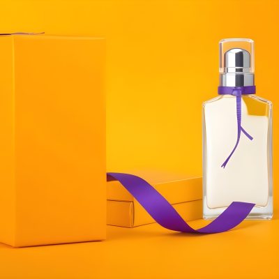 Minimal Soft Studio Light Photography A Perfume Bottle With A Silver Cap And A Yellow Box With A Purple Ribbon On A Yellow Table High Detail Solid Bold Color Background 6 55c2