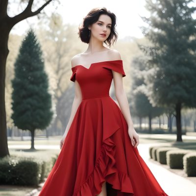 Minimal Soft Studio Light Photography A Young Caucasian Woman With Dark Hair Wearing A Red Off The Shoulder Dress With A Ruffled Skirt Standing In A Park Like Setting With Trees In The Background High Detail Solid Bol 3 75a7