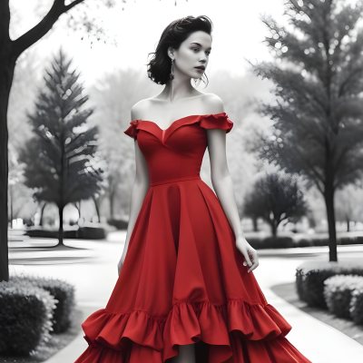 Minimal Soft Studio Light Photography A Young Caucasian Woman With Dark Hair Wearing A Red Off The Shoulder Dress With A Ruffled Skirt Standing In A Park Like Setting With Trees In The Background High Detail Solid Bol 4 E944